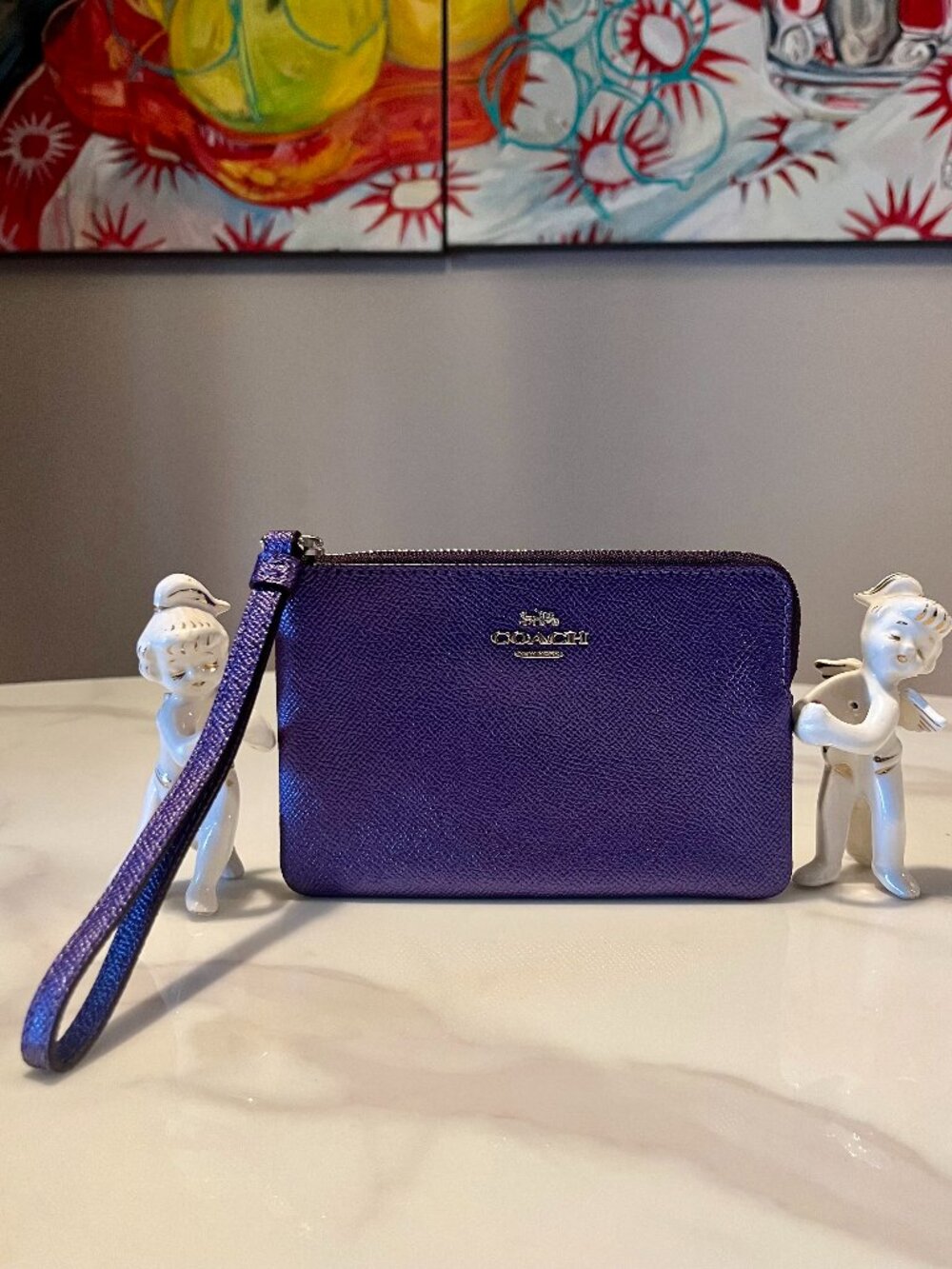 Coach Corner Zip Wristlet Metallic Purple Leather F21070 - Like New